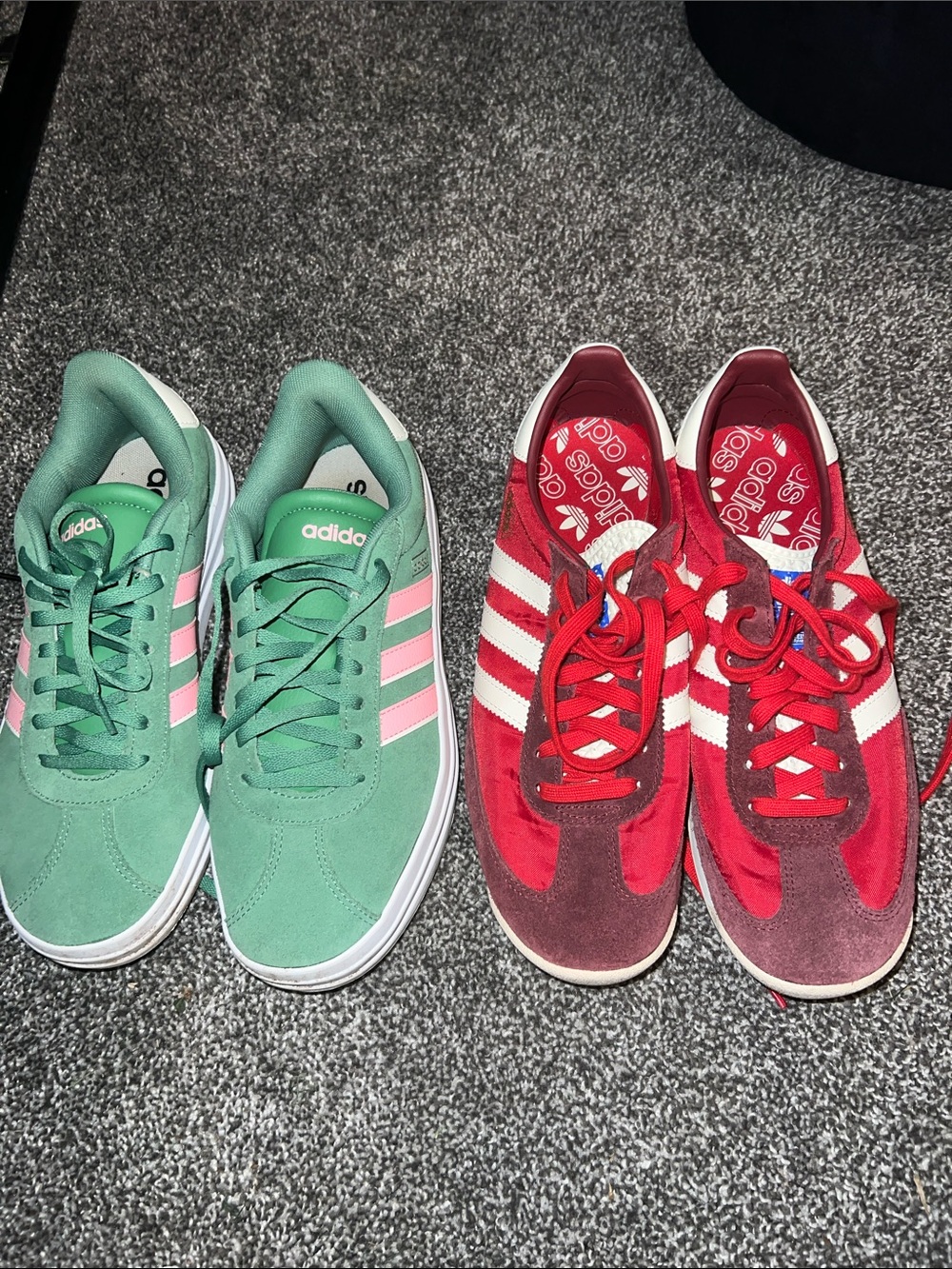 Set of two adidas Women's Green Suede Sneakers with Pink and red pair